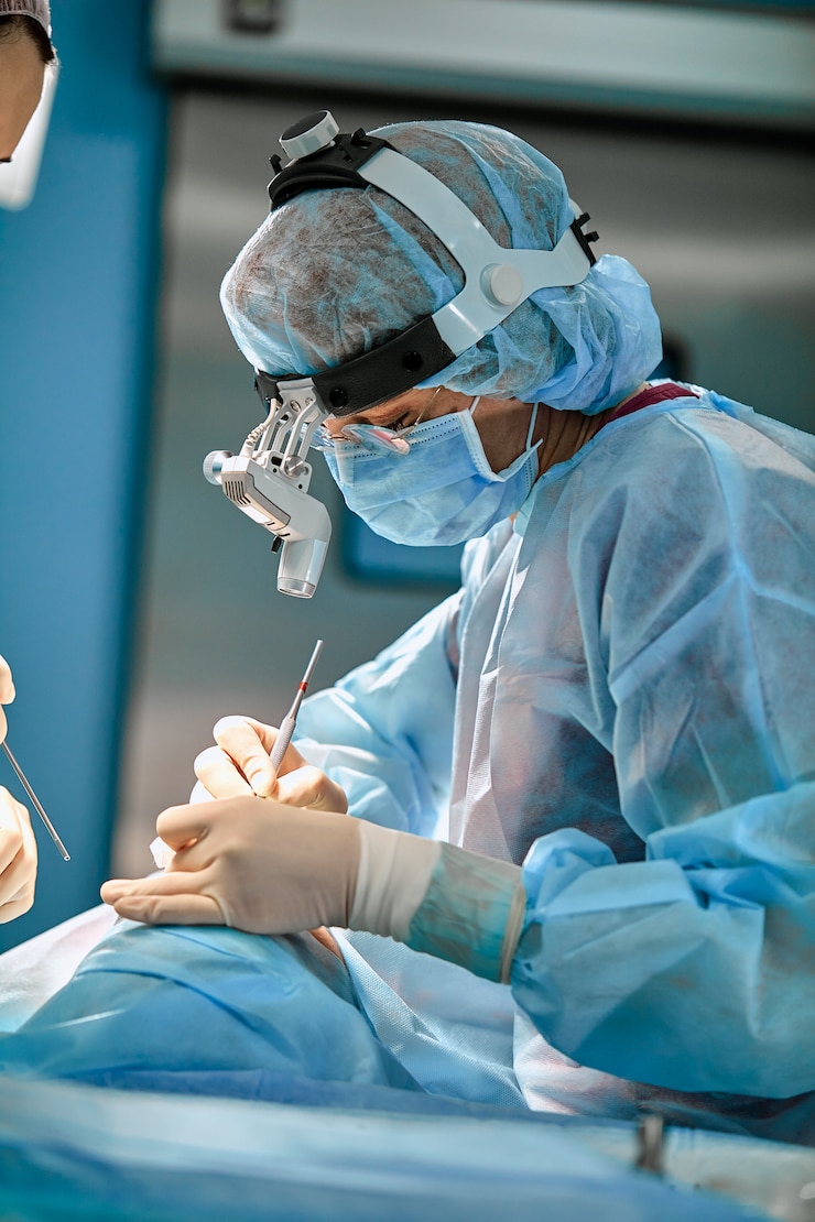 Foto equipe cirúrgica na sala de operações, close-up. uma equipe internacional de médicos profissionais em uma moderna sala de cirurgia está sendo operada