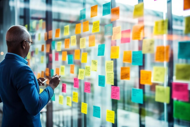 equipe criativa feliz escrevendo em adesivos no quadro de vidro do escritório em um espaço de coworking moderno