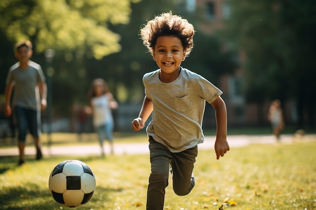 Equipe de alegria étnica pai e filho se unindo por causa do futebol generativo Ai