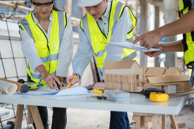Equipe de arquitetos do grupo em documentos de inspeção do canteiro de obras e fluxo de trabalho comercial pela manhã