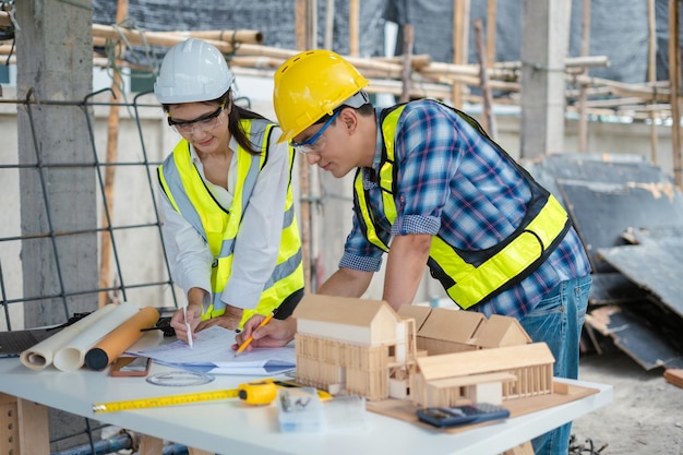 Equipe de arquitetos do grupo em documentos de inspeção do canteiro de obras e fluxo de trabalho comercial pela manhã