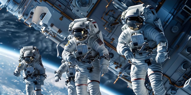 Equipe de astronautas em trajes espaciais a bordo da estação orbital fundo Ai Gerado