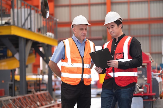 Equipe de auditoria de duas pessoas verificando a segurança na fábrica engenheiro falando empresa de equipe de treinamento de colegas de trabalho