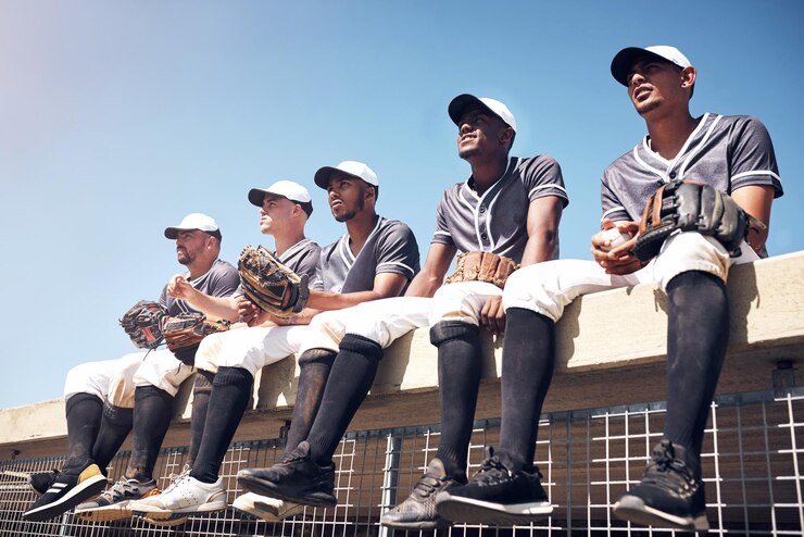 Foto equipe de beisebol e telhado para jogo e assistir dugout e apoio no campo para competição match diversidade e descanso para a comunidade para homens uniforme e atleta para torneio de clube de softball