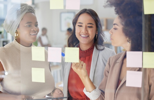 Equipe de brainstorming e diversidade de empresários no quadro e escrevendo ideias no vidro com colaboração Reunião de planejamento e mulheres trabalham juntas grupo feminino e estratégia de trabalho em equipe