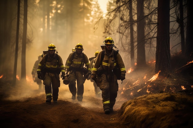 Equipe de bravos bombeiros ao apagar uma floresta