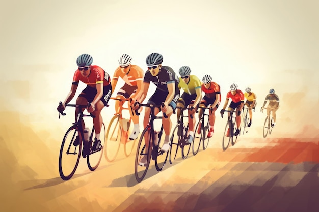 Equipe de ciclistas andando em bicicletas desenho colorido Banner de corrida de bicicleta Generative AI