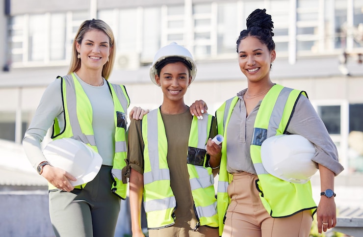 Foto equipe de construção de mulheres de arquitetura e diversidade no grupo de empreiteiros de retratos com sorriso no canteiro de obras arquiteta engenharia feminina com solidariedade e confiança em colaboração com o construtor