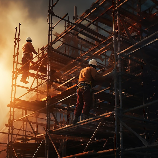 Foto equipe de construção sincronizada em andaimes