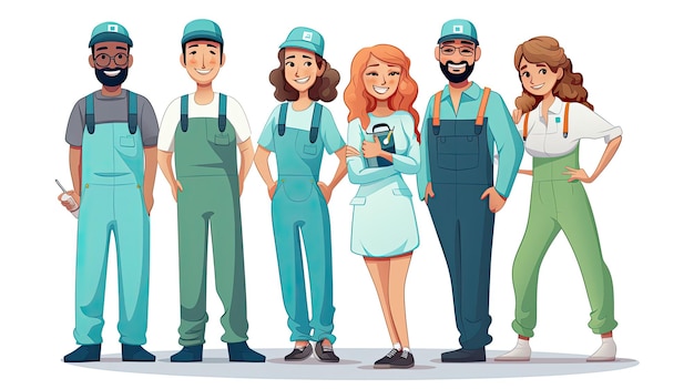 Equipe de construtores em estilo plano Personagens de trabalhadores industriais em ilustração vetorial uniforme