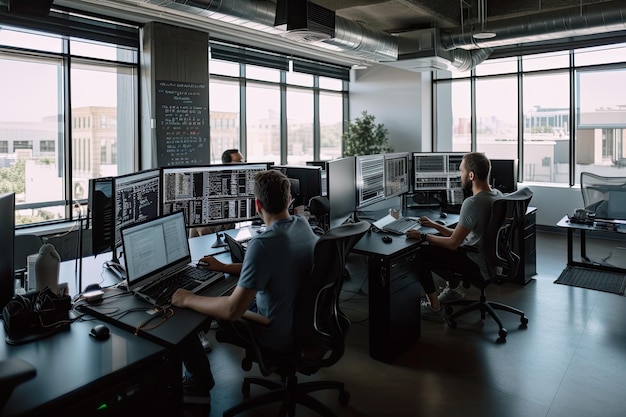 Equipe de desenvolvedores de software trabalhando em computadores enquanto está sentado à mesa em um escritório moderno Dentro de um escritório de empresa de software e retrovisor dos trabalhadores Ai Generated