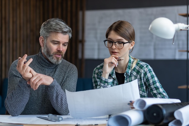 Equipe de designers de interiores trabalhando no escritório com plantas e equipamentos do arquiteto, esboçando, negociando e planejando o projeto de construção. Parceiros discutindo no trabalho. Conceito de construção de negócios.