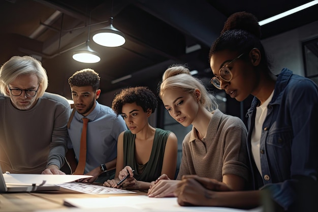 Equipe de diversas pessoas trabalhando juntas em um espaço de trabalho colaborativo criado com IA generativa