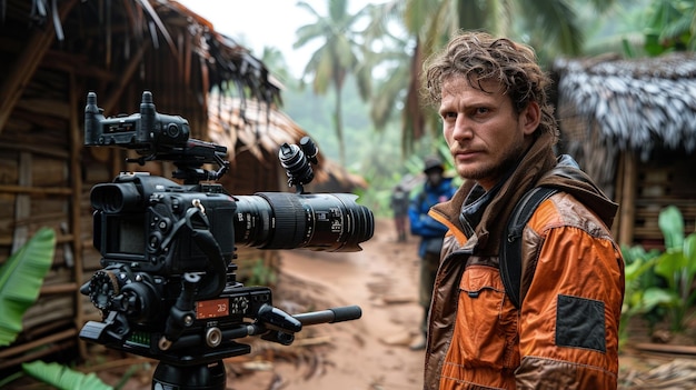 Equipe de documentário entrevistando uma comunidade que vive perto de uma reserva de tigres insights e vida cotidiana HD fotorrealista