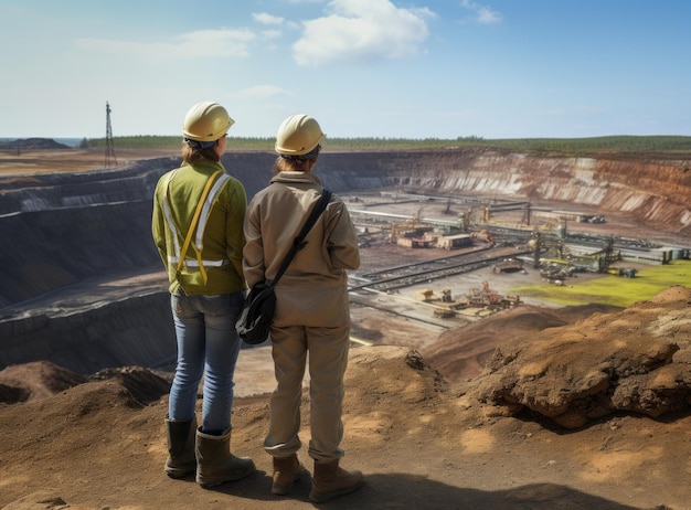 Equipe de engenheiros de pé no poço aberto e olhando para o local de construção