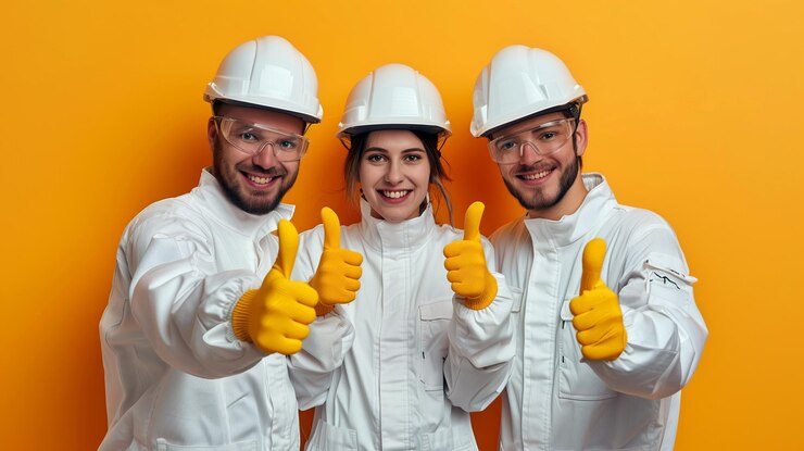 Foto equipe de engenheiros entusiastas dão o polegar para cima da unidade na construção