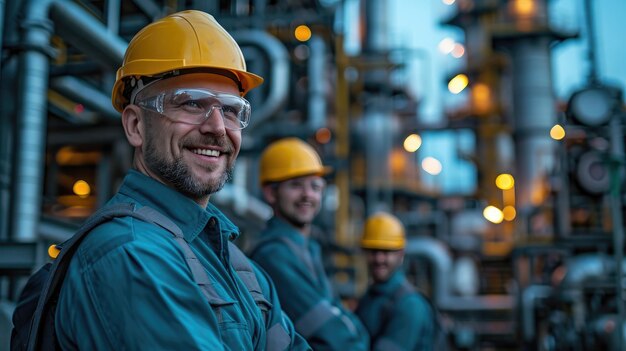 equipe de engenheiros falando sorriso no fundo da usina de gás