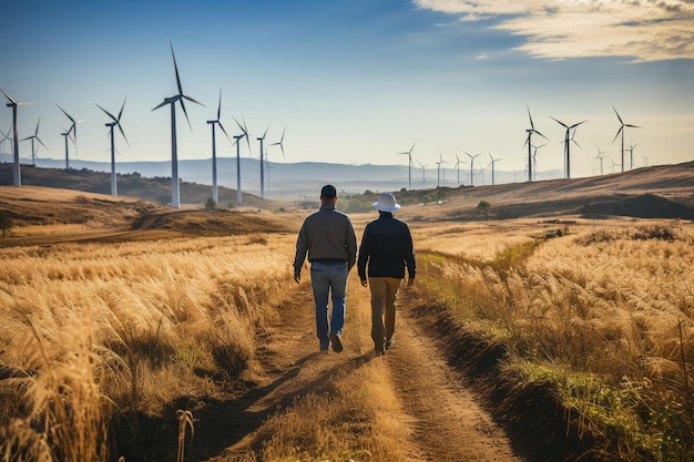 Equipe de engenheiros trabalhando em parque eólico ao pôr do sol ia generativa