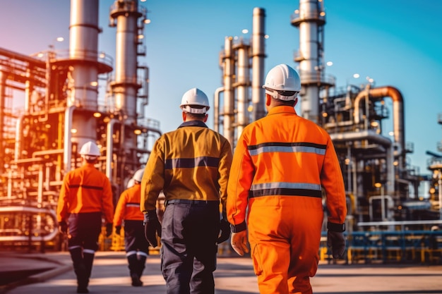 Foto equipe de engenheiros uniformizados faz pesquisa de segurança da indústria de refino de petróleo