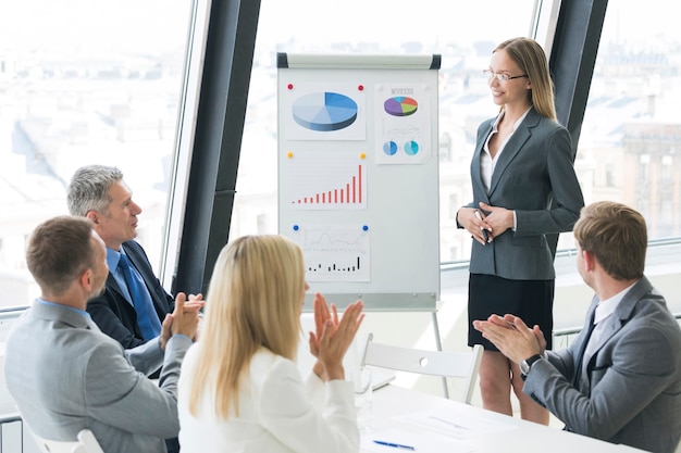 Foto equipe de executivos na apresentação trabalhando com gráficos e diários no flipchart