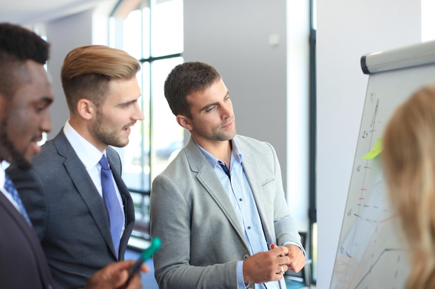 Equipe de executivos na apresentação, trabalhando com gráficos e diários no flipchart.