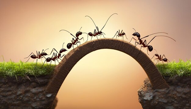 Equipe de formigas trabalha construindo ponte em equipe