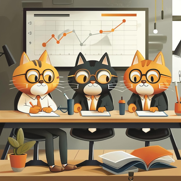 Equipe de gatos de desenho animado em roupas formais analisando gráficos em um quadro digital