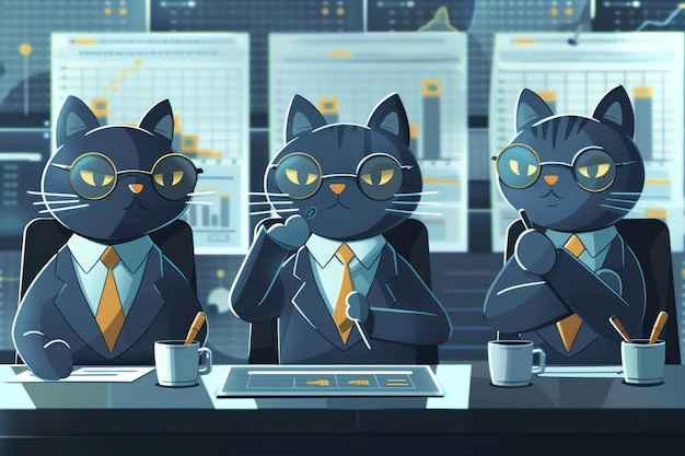 Equipe de gatos de desenho animado em roupas formais analisando gráficos em um quadro digital