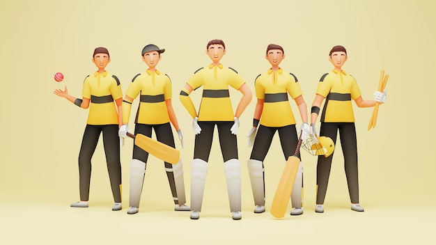 Equipe de jogador de críquete de Papua Nova Guiné com equipamento de torneio em fundo amarelo. Renderização 3D.