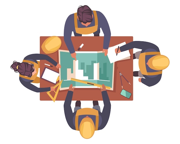 Equipe de jovens arquitetos e construtores discutindo o projeto de construção vista de cima pessoas profissionais de condução trabalhadores de trabalho em equipe engenheiro e designer desenho animado conceito de vetor isolado plano