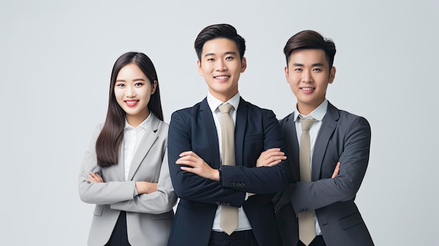 Equipe de jovens empresários asiáticos sorrindo e posando com os braços cruzados