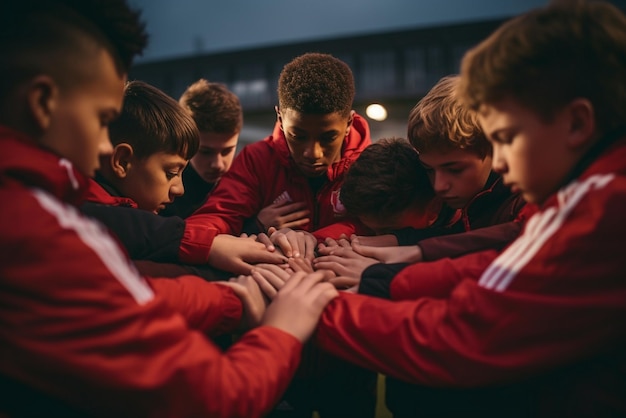 Foto equipe de jovens jogadores de futebol empilhando mãos antes do jogo