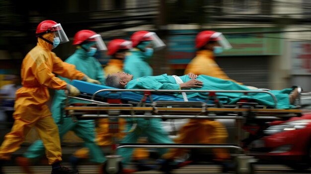 Equipe de médicos correndo com um paciente em uma maca no hospital AI generativa