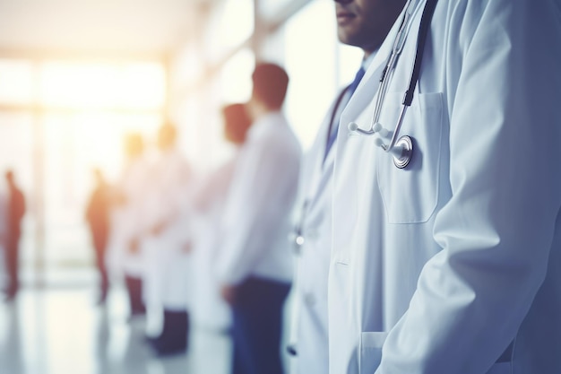 Equipe de médicos em um hospital de fundo Bandeira da equipe médica do hospital com um grupo de médicos e enfermeiros saudáveis sorridente Ai gerado