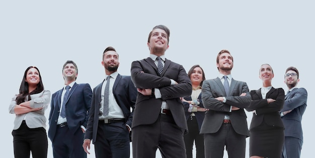 Equipe de negócios bem sucedida feliz isolada no fundo branco