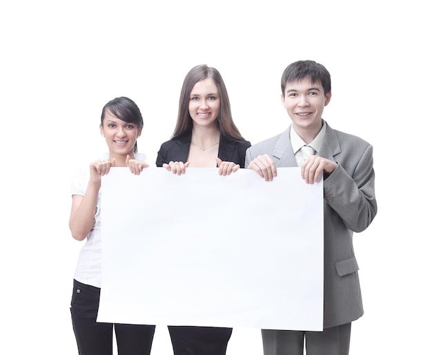 Equipe de negócios bem-sucedida segurando uma faixa em branco