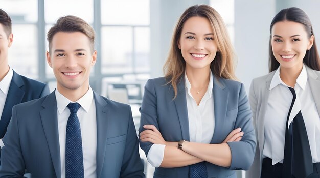 Equipe de negócios bem sucedido sorrindo com confiança dentro de casa