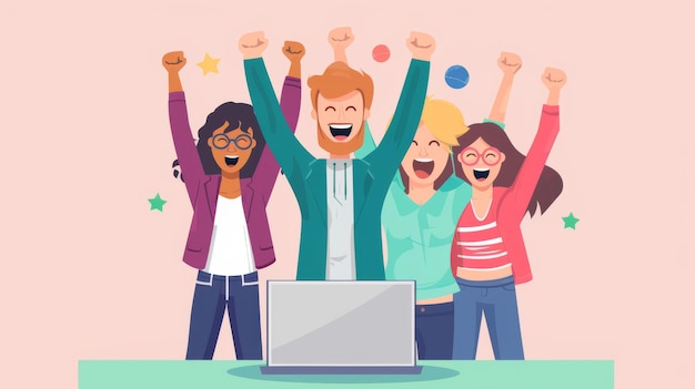 Equipe de negócios comemorando o sucesso com os braços levantados olhando para o laptop Ilustração plana retratando pessoas felizes em roupas casuais