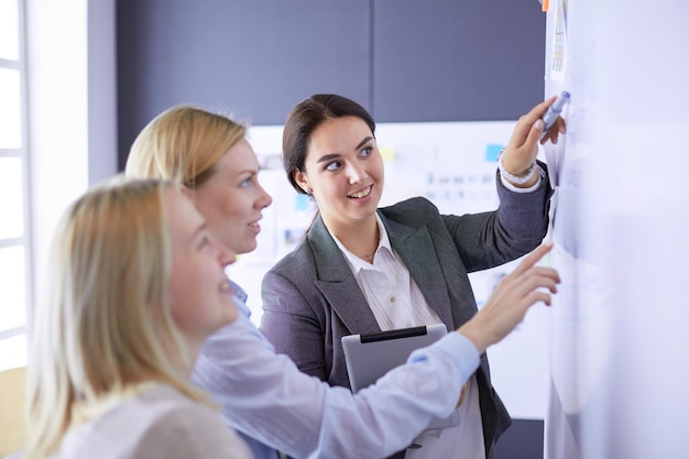 Equipe de negócios de educação empresarial e conceito de escritório com flip board no escritório discutindo algo