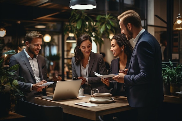 Equipe de negócios multicultural de diálogo digital se comunicando com IA generativa de dispositivos próximos