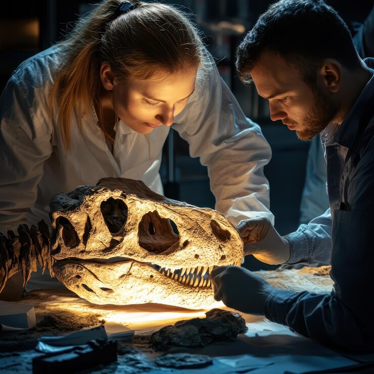 Foto equipe de pesquisa de dinossauros analisando descobertas fósseis