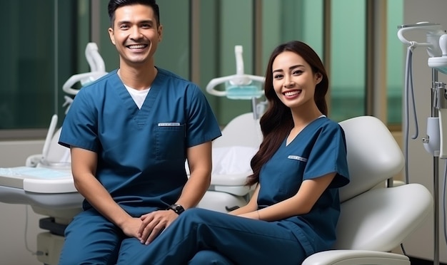 Equipe de profissionais de medicina sorrindo no fundo da sala do hospital