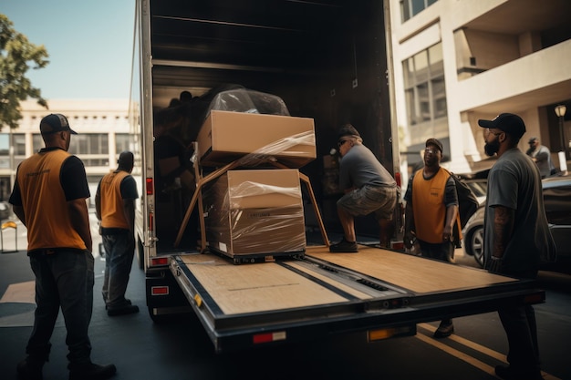 equipe de profissionais desempacota caminhão entregando serviços de mudança de primeira linha para uma transição tranquila
