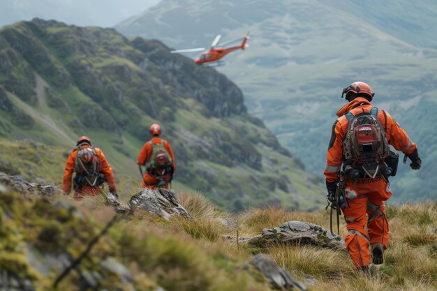 Equipe de resgate de montanha realiza operação com assistência de helicóptero