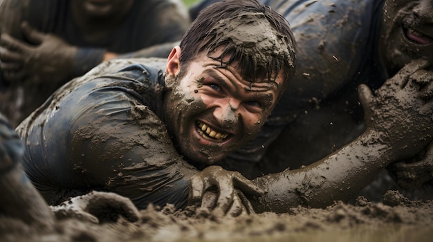 Equipe de rugby trabalhando juntos para marcar uma tentativa em um campo lamacento