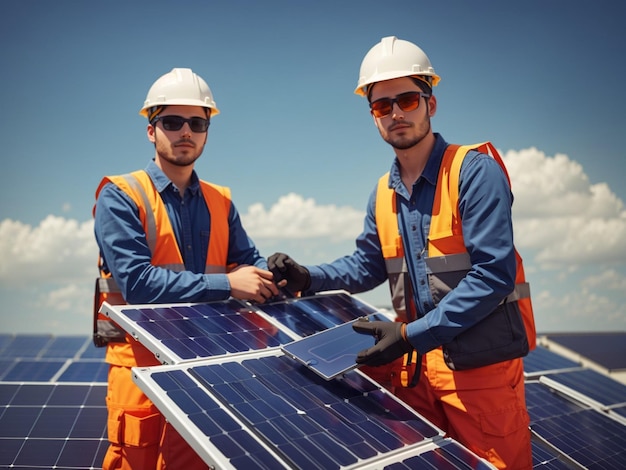 Equipe de trabalhadores com painel solar