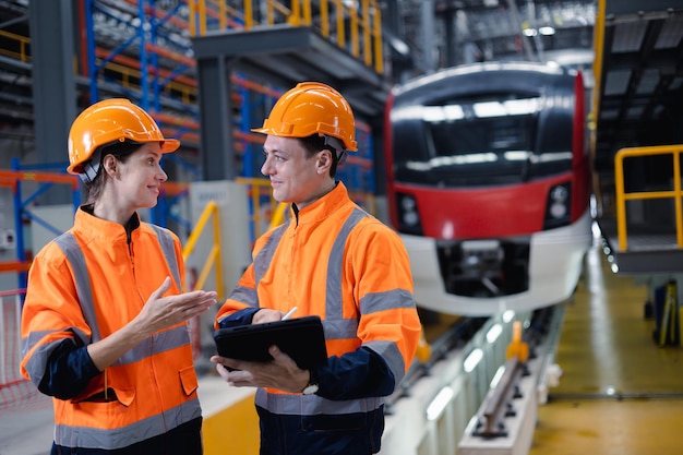 Equipe de trabalho de engenheiros e trabalhadoras trabalhando juntas no depósito de serviço de trem elétrico, indústria de transporte, técnico de fábrica, equipe mecânica