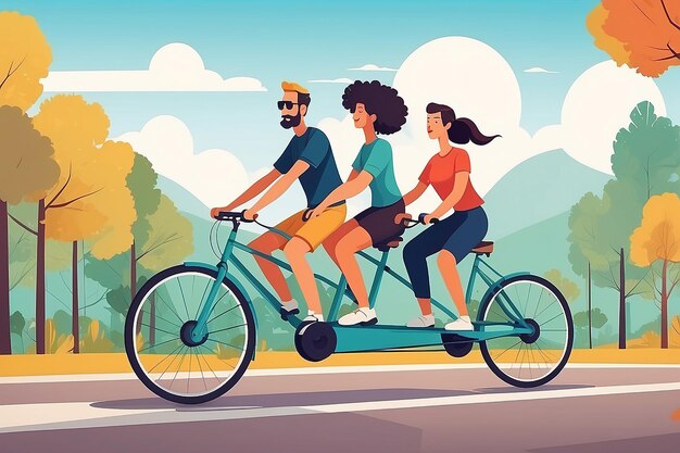 Equipe de viagem coordenada em uma bicicleta em tándem enfatizando o equilíbrio e a coordenação Ilustração vetorial de estilo plano