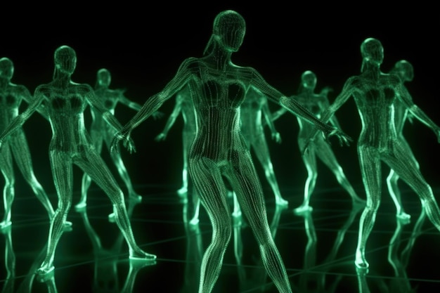 Equipe feminina de holograma de néon verde dança generativa ai