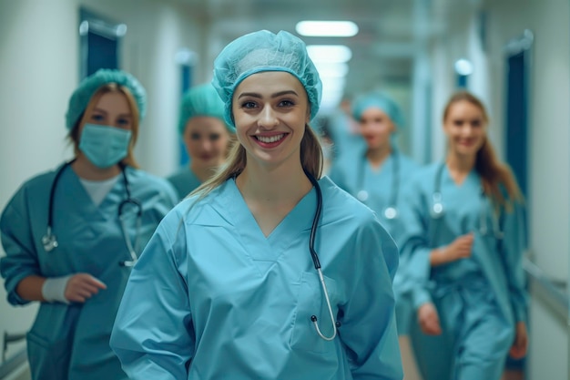Equipe médica alegre no corredor do hospital retrato de grupo de médicos felizes
